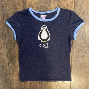 y2k vintage chill pengiun ringer baby tee blue